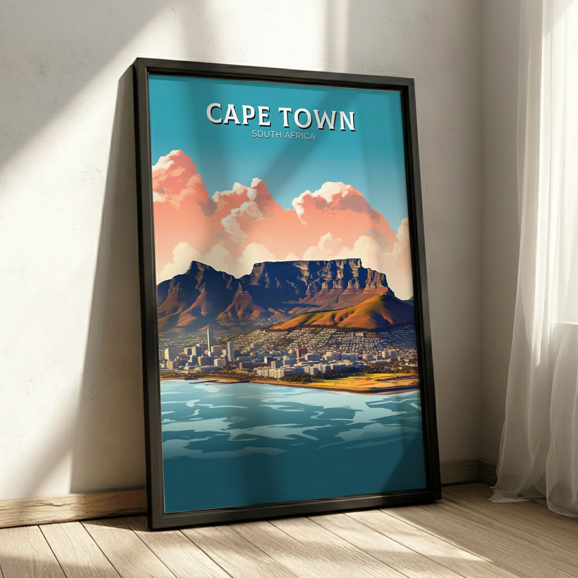 Framed poster of Cape Town with Table Mountain and clouds.