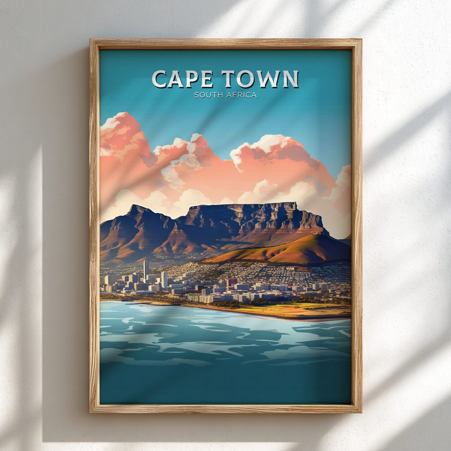 Framed artwork of Cape Town, South Africa with Table Mountain.