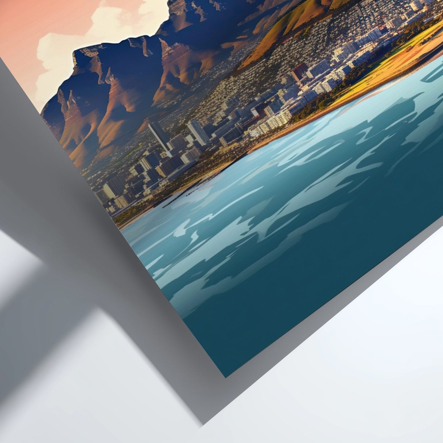 Framed artwork of a cityscape with mountains and water.