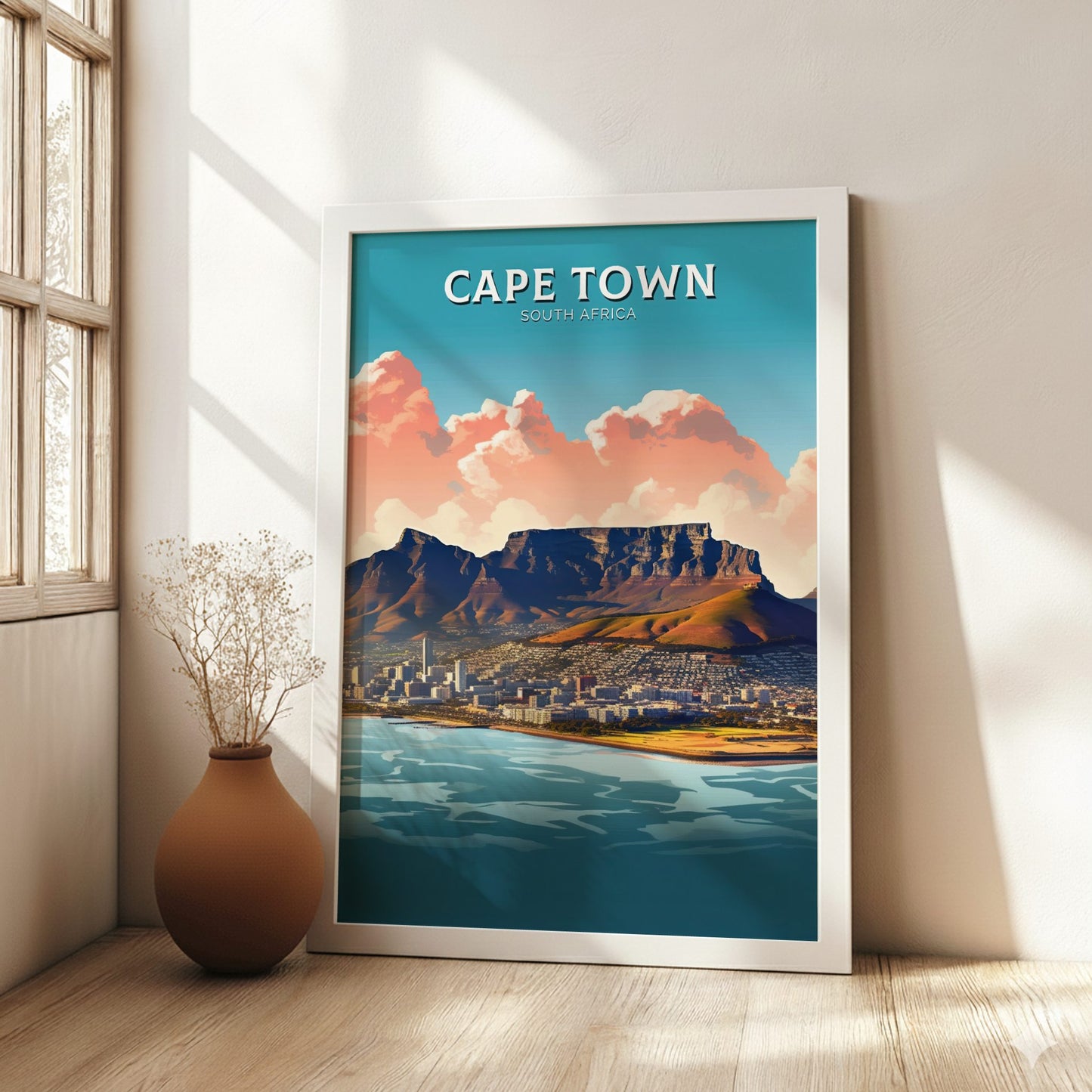 Framed poster of Cape Town with Table Mountain in a room with a vase and plant.