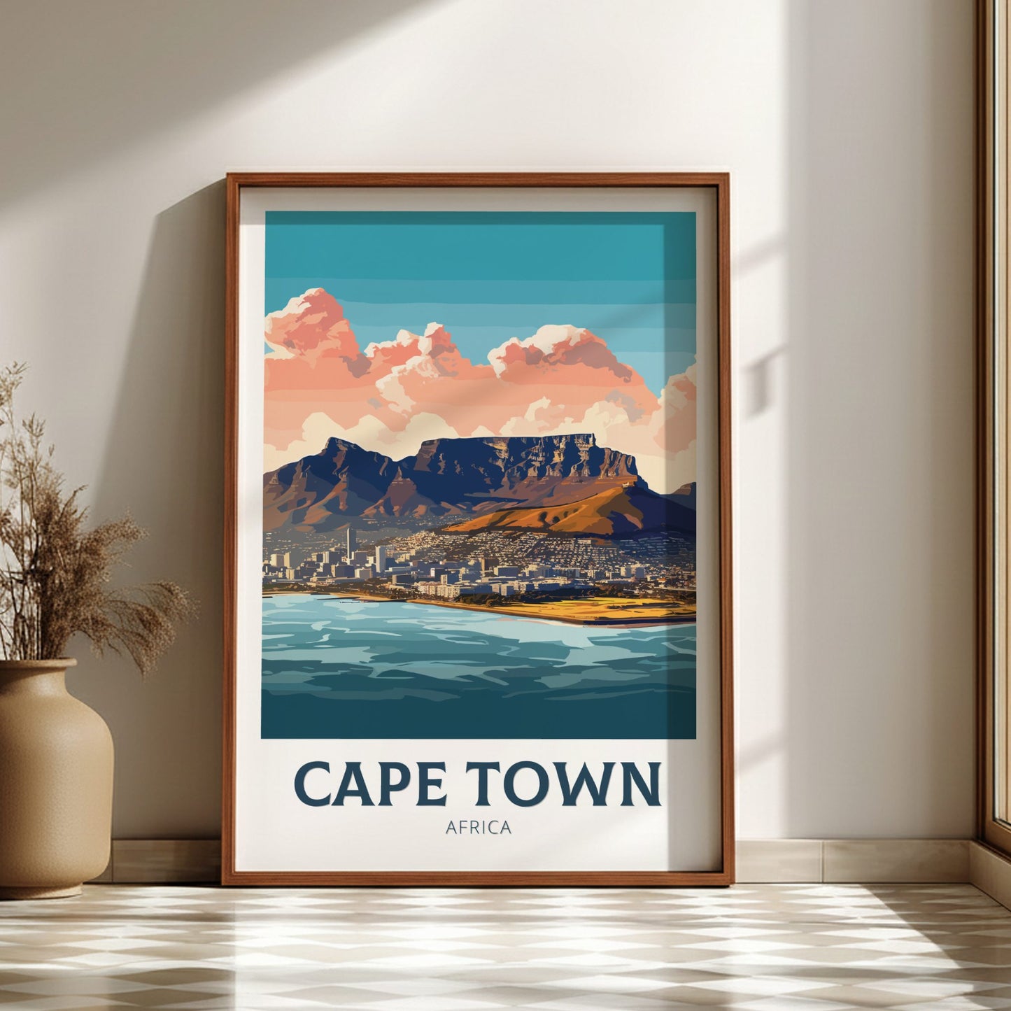 Framed artwork of Cape Town, Africa with a mountain and cityscape view.