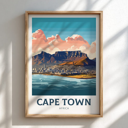 Framed artwork of Cape Town with Table Mountain and waterfront.
