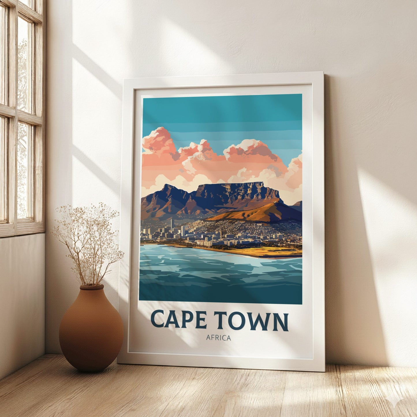 Framed artwork of Cape Town with a mountain and cityscape, placed on a wooden floor.