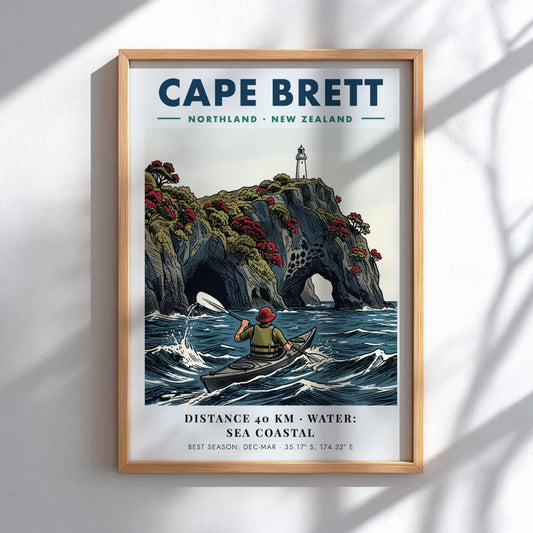 Poster of a kayaker paddling near the dramatic cliffs and lighthouse at Cape Brett.