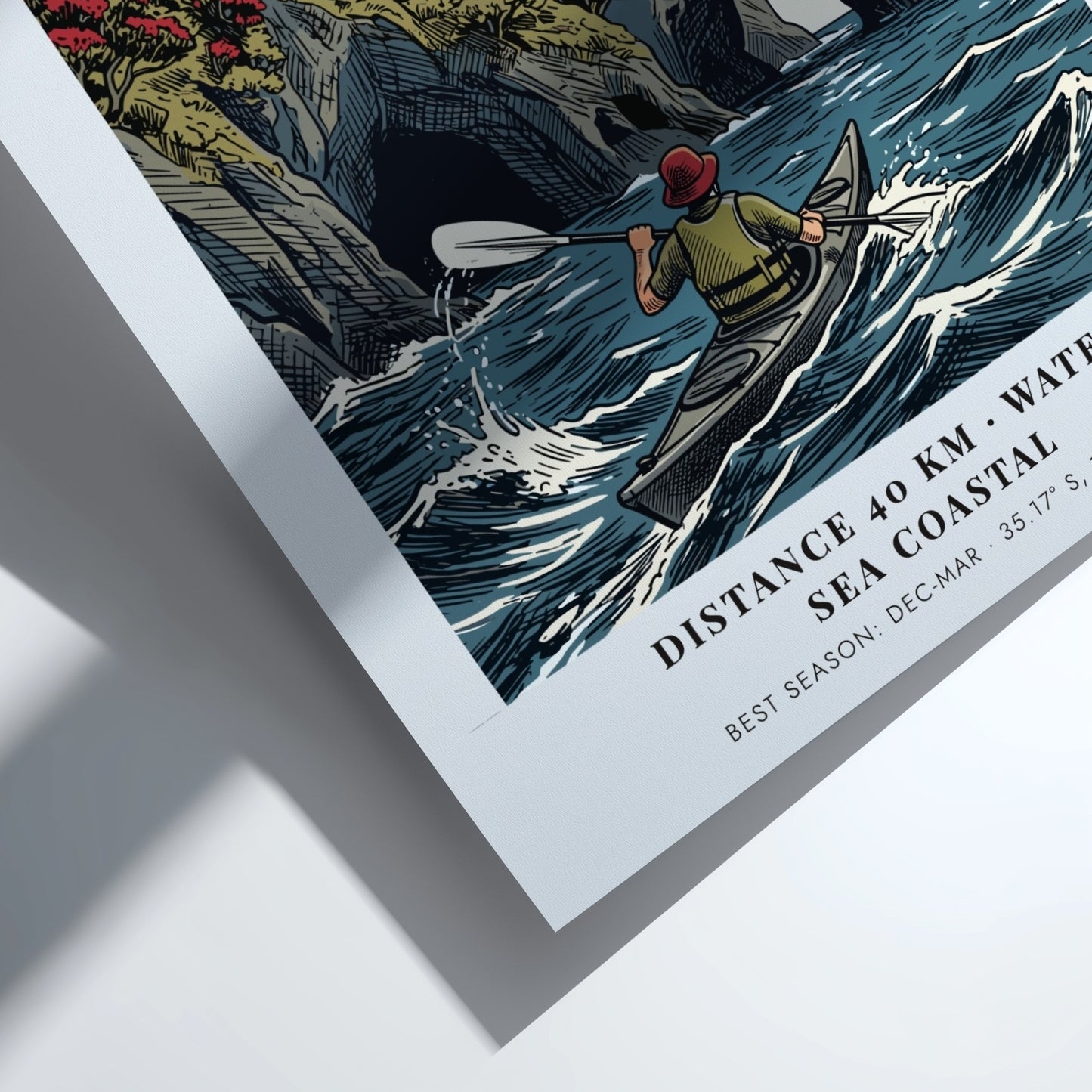 Poster of a kayaker paddling near the dramatic cliffs and lighthouse at Cape Brett.