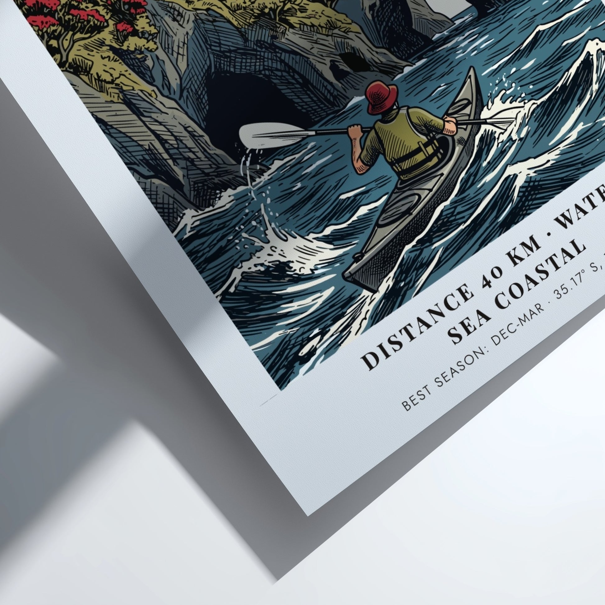 Poster of a kayaker paddling near the dramatic cliffs and lighthouse at Cape Brett.