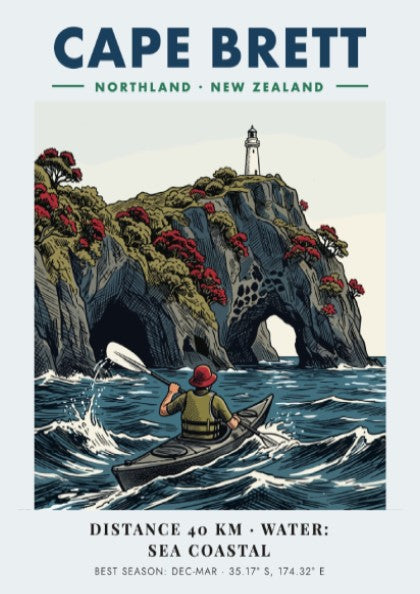 Poster of a kayaker paddling near the dramatic cliffs and lighthouse at Cape Brett.