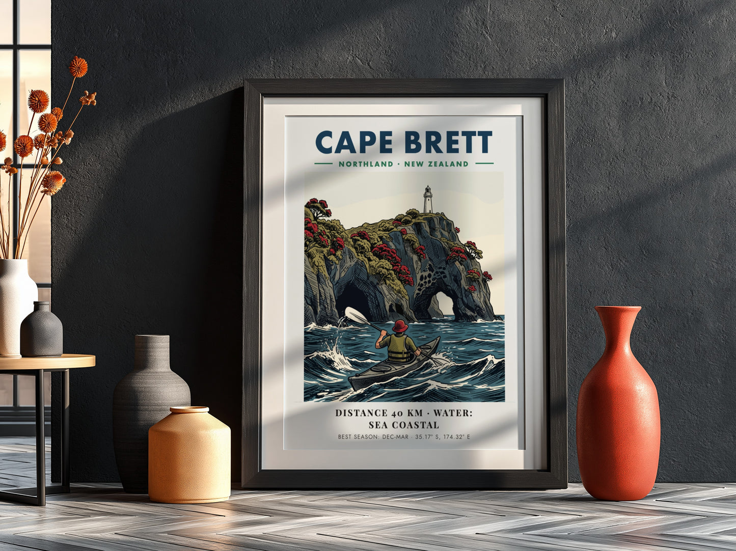 Poster of a kayaker paddling near the dramatic cliffs and lighthouse at Cape Brett.