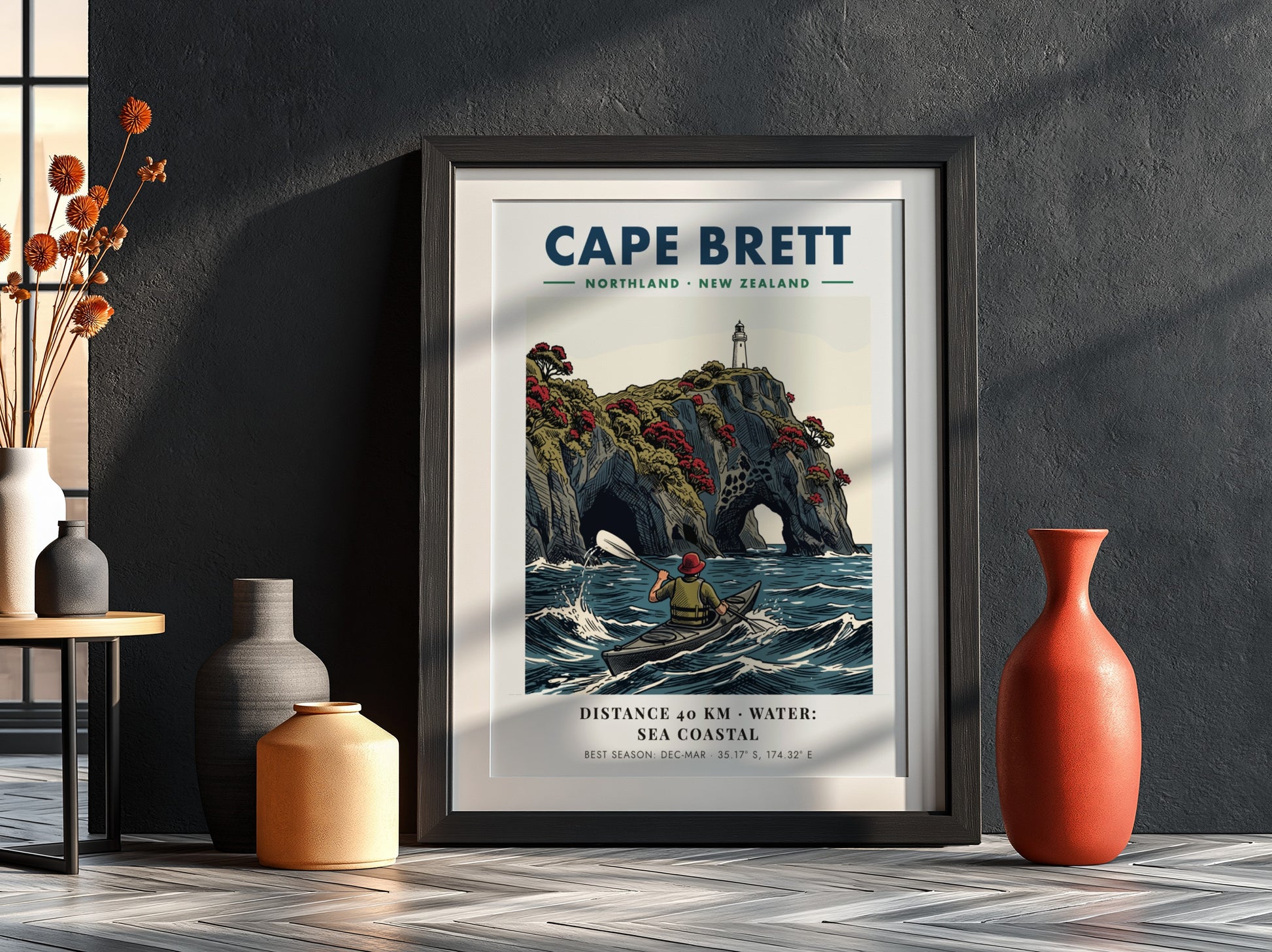 Poster of a kayaker paddling near the dramatic cliffs and lighthouse at Cape Brett.