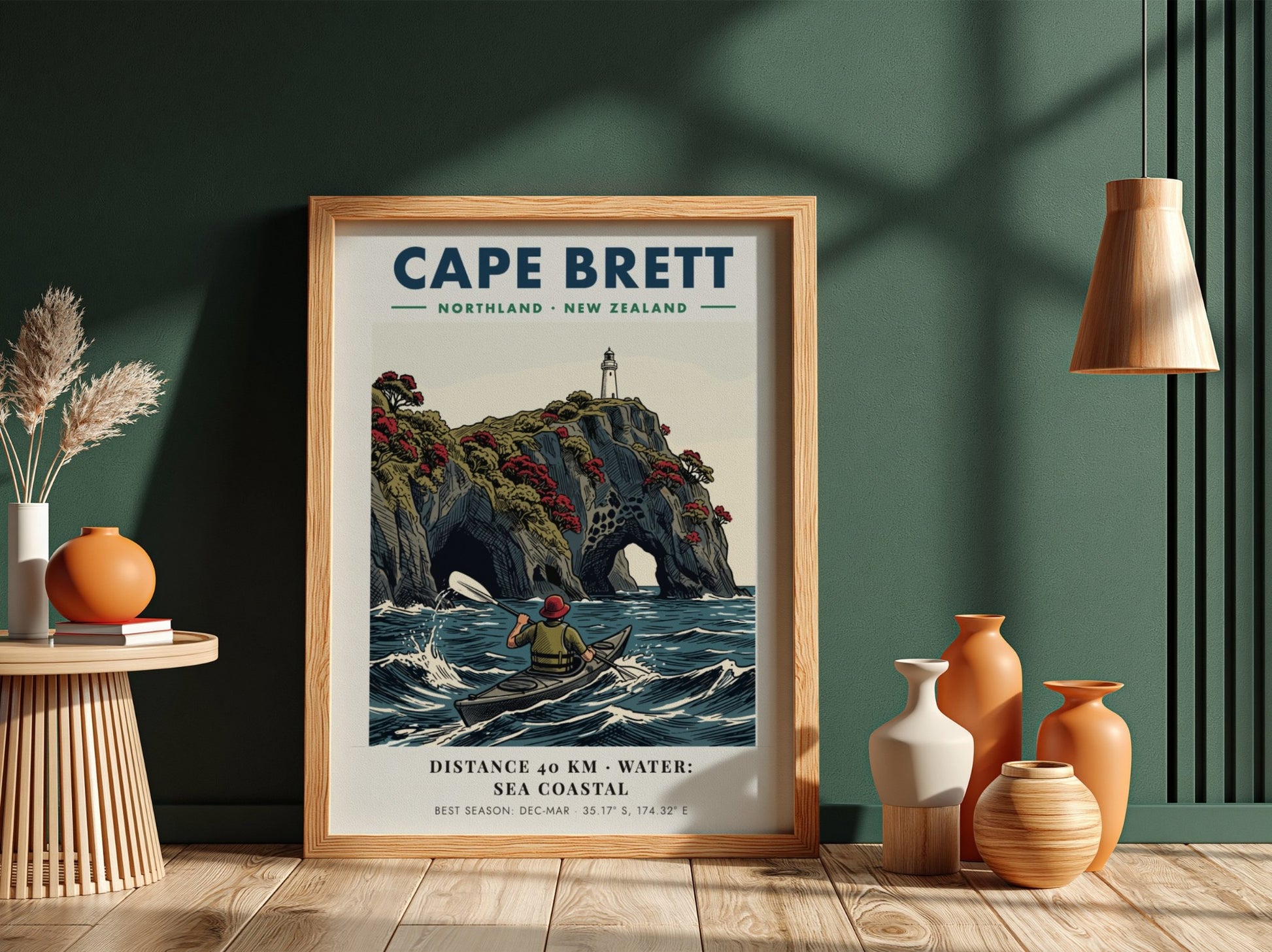 Poster of a kayaker paddling near the dramatic cliffs and lighthouse at Cape Brett.