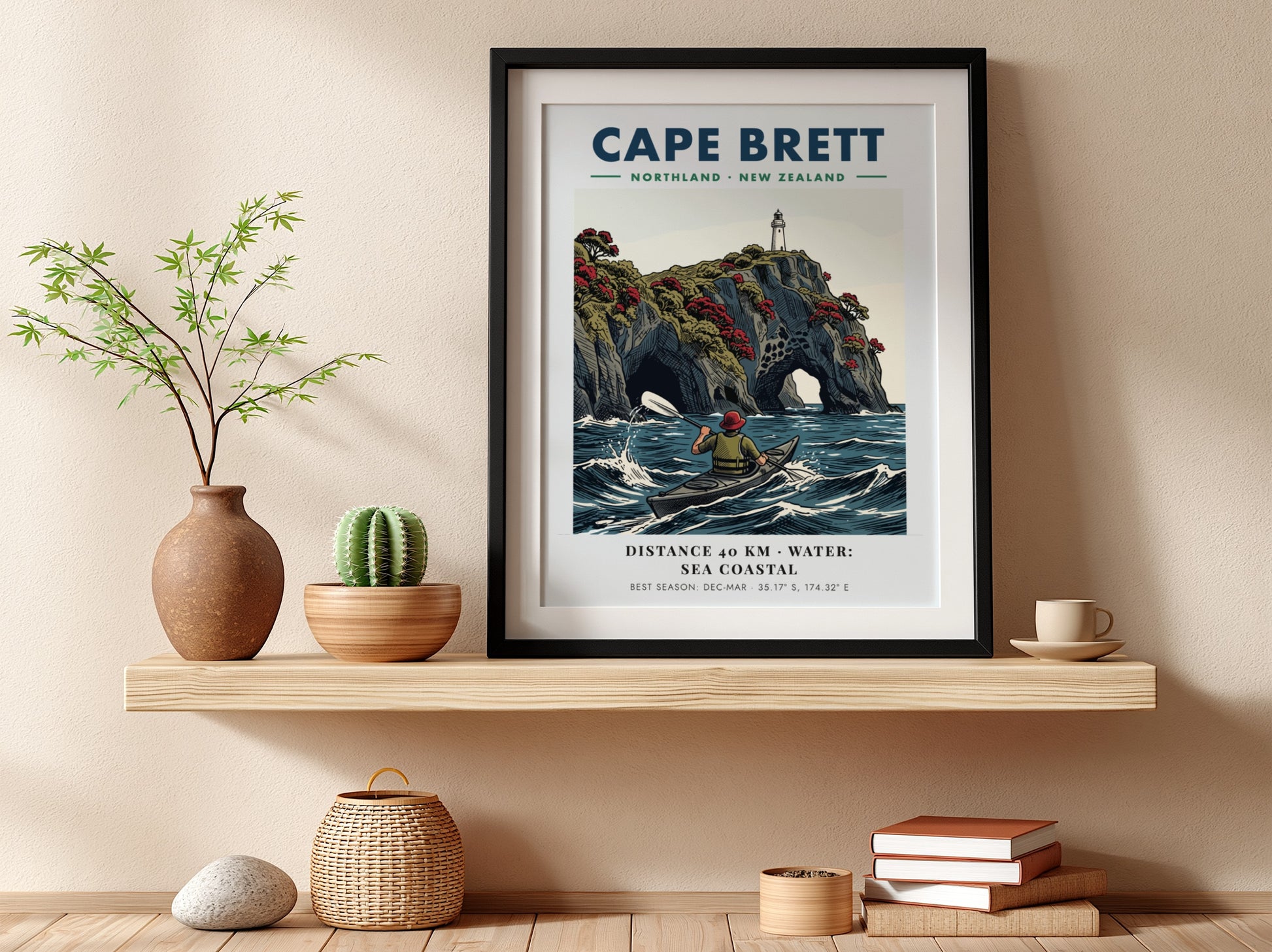 Poster of a kayaker paddling near the dramatic cliffs and lighthouse at Cape Brett.