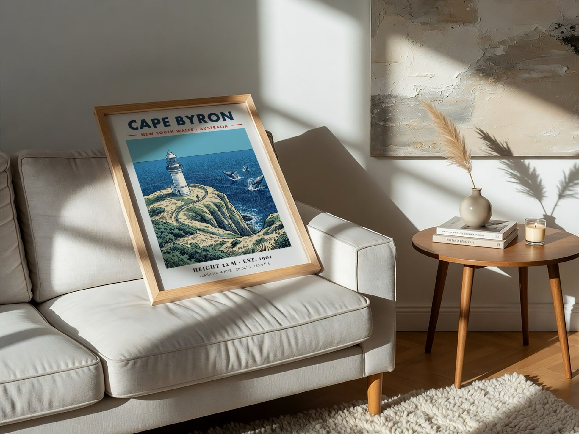 Poster of Cape Byron lighthouse in New South Wales with whales in ocean