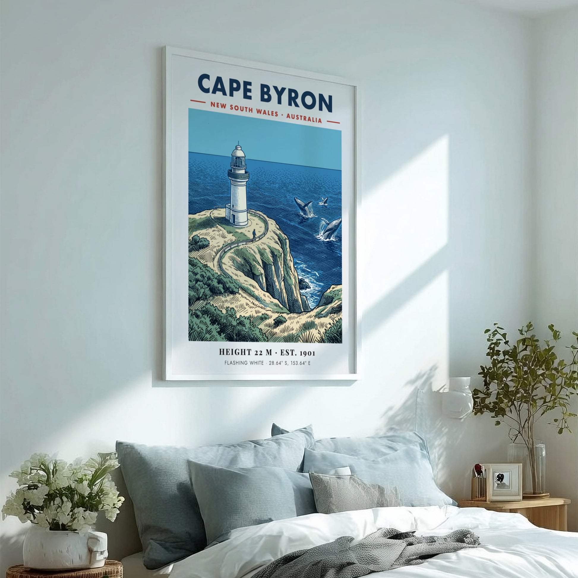 Poster of Cape Byron lighthouse in New South Wales with whales in ocean