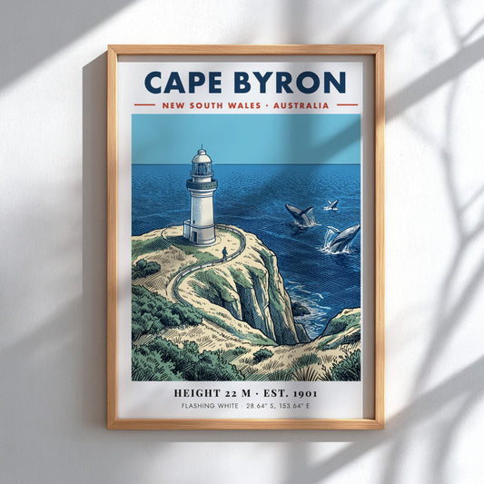 Poster of Cape Byron lighthouse in New South Wales with whales in ocean