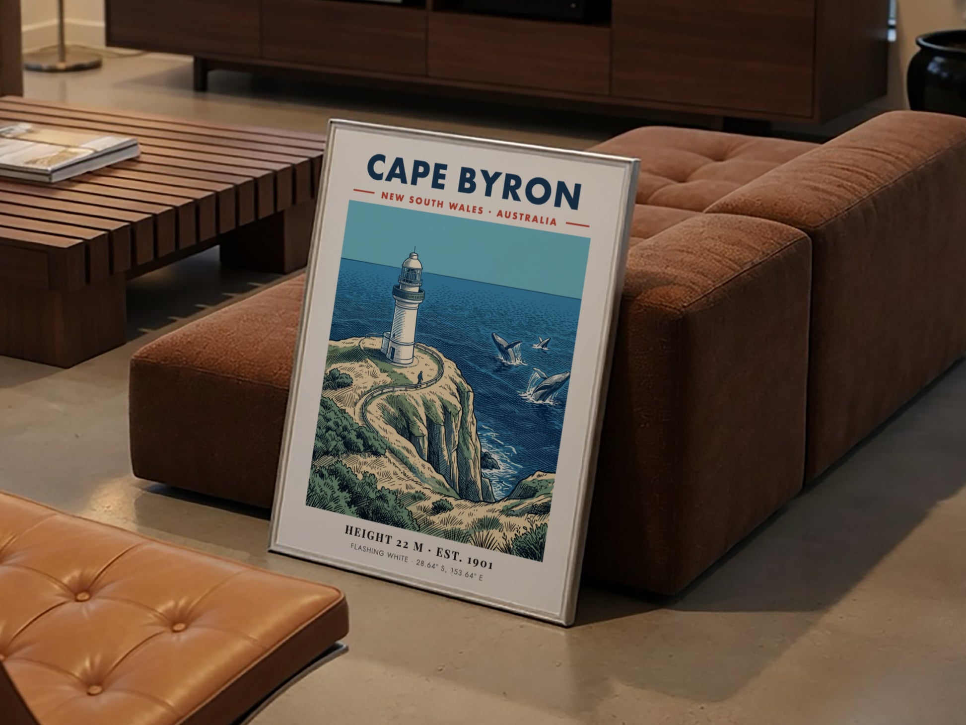 Poster of Cape Byron lighthouse in New South Wales with whales in ocean