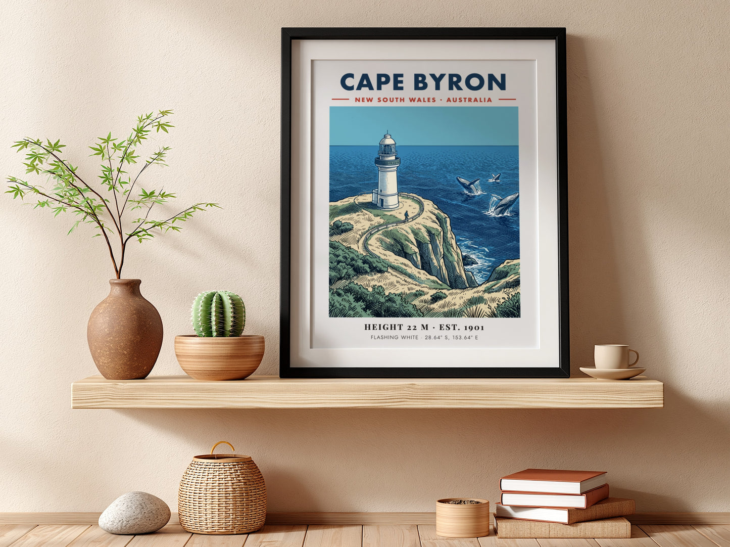 Poster of Cape Byron lighthouse in New South Wales with whales in ocean