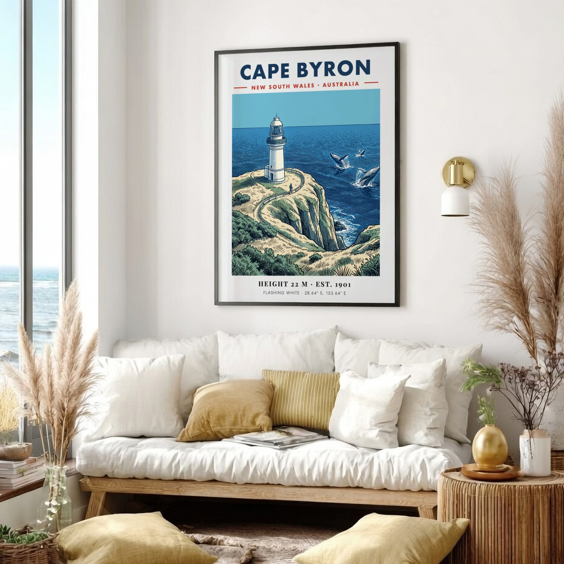 Poster of Cape Byron lighthouse in New South Wales with whales in ocean