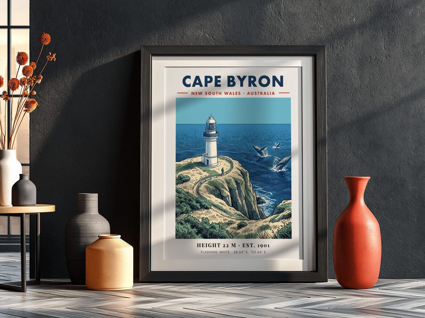 Poster of Cape Byron lighthouse in New South Wales with whales in ocean