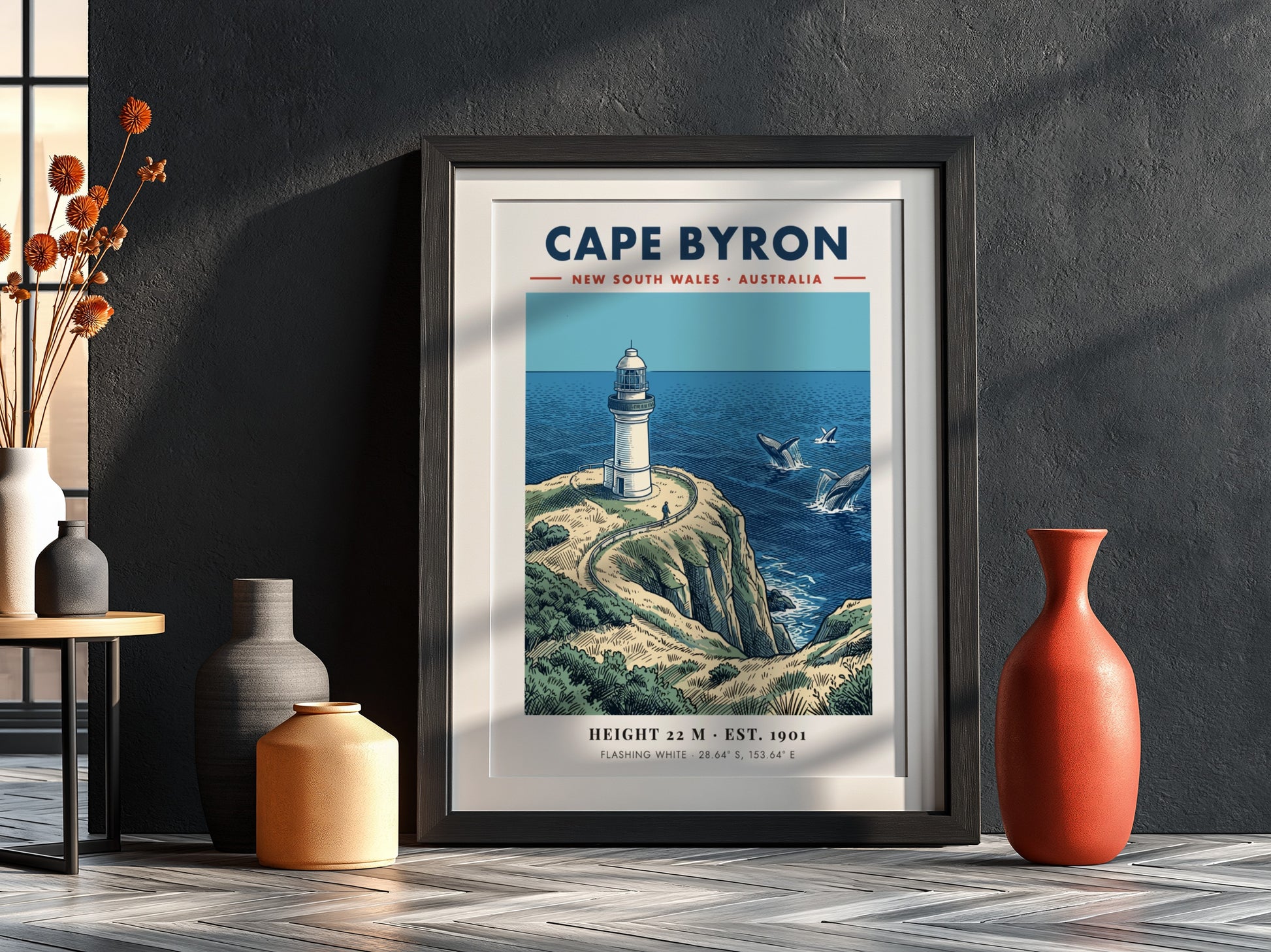 Poster of Cape Byron lighthouse in New South Wales with whales in ocean
