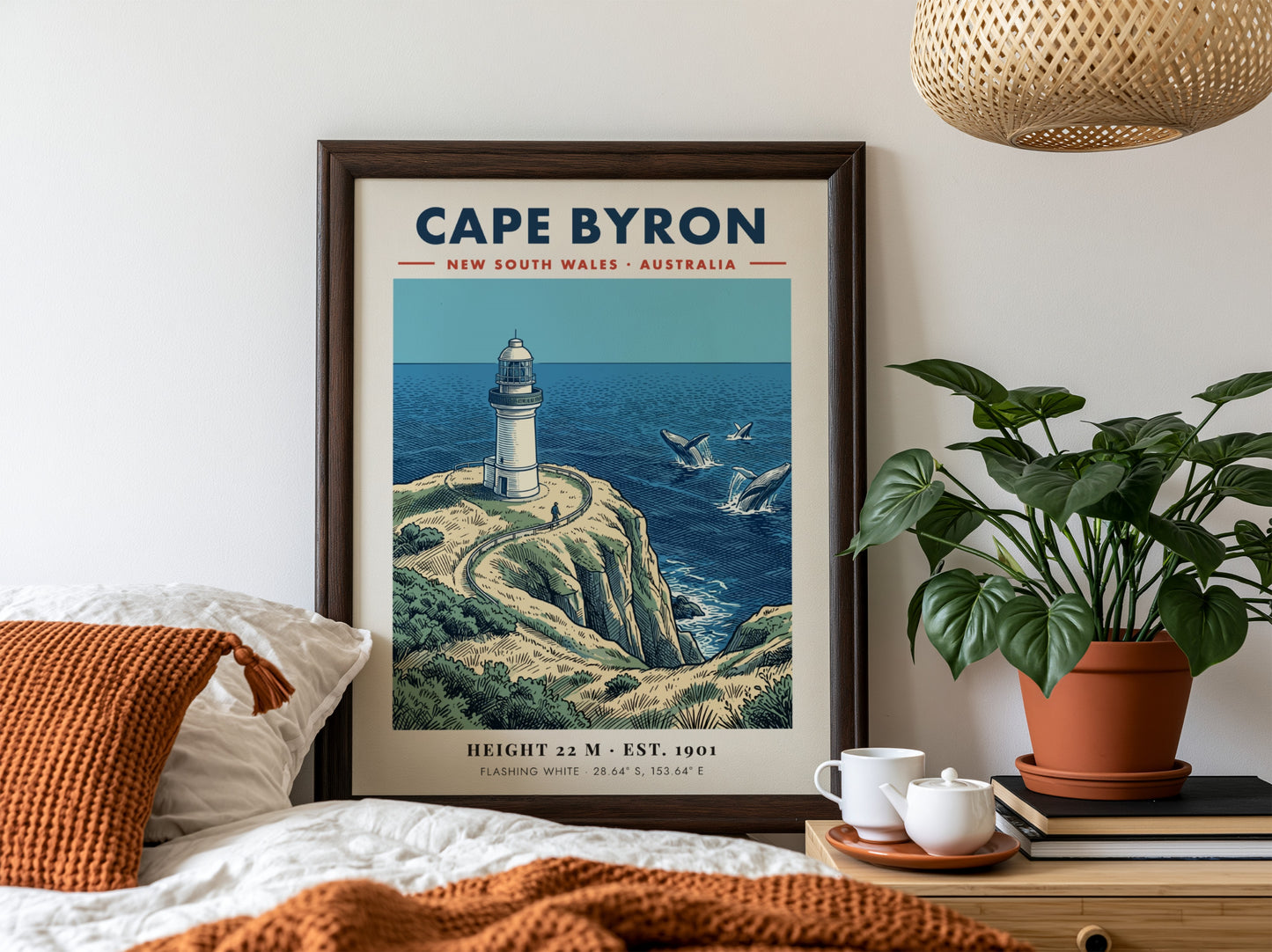 Poster of Cape Byron lighthouse in New South Wales with whales in ocean