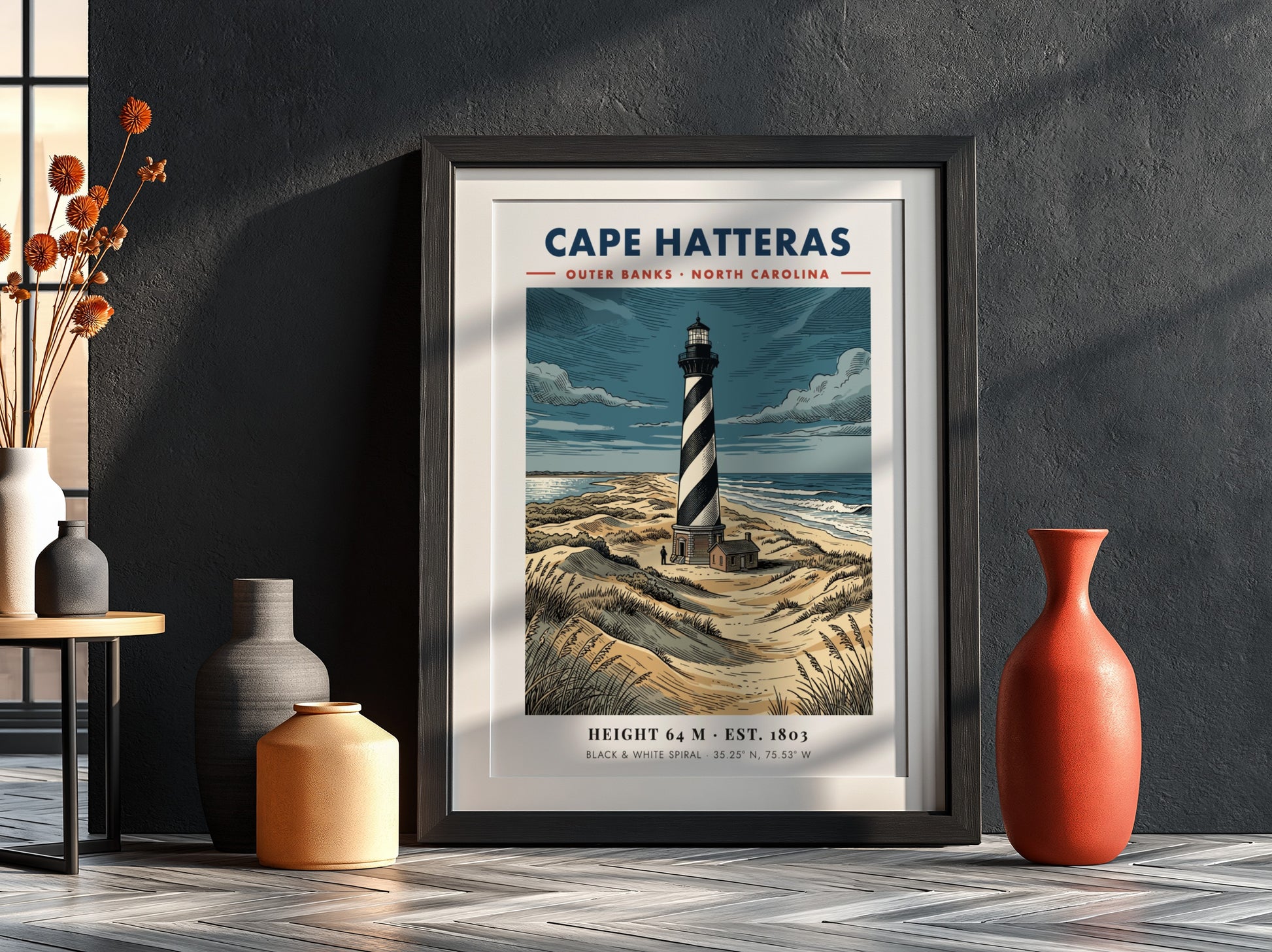 Poster of the Cape Hatteras lighthouse with black and white spirals on dunes.