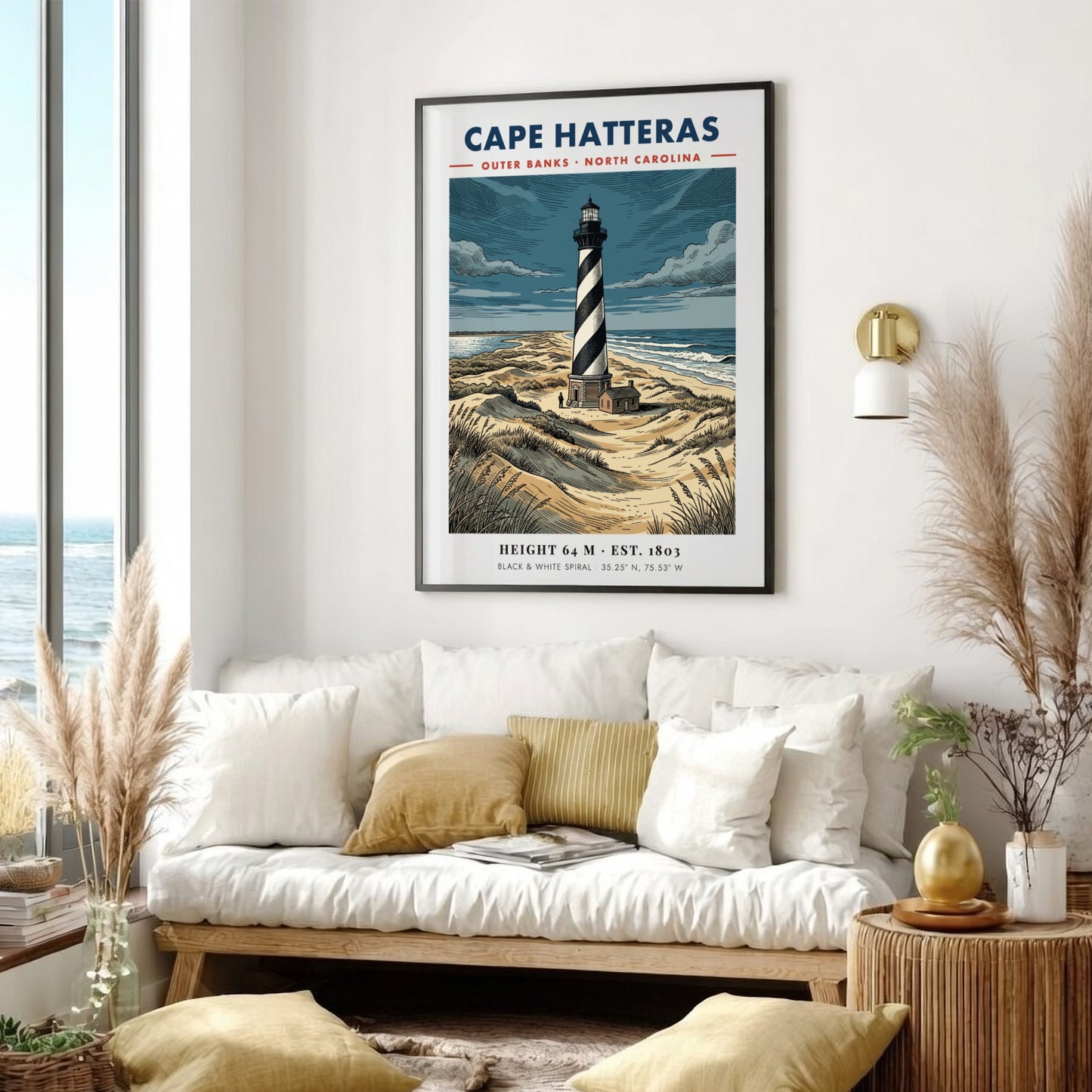 Poster of the Cape Hatteras lighthouse with black and white spirals on dunes.