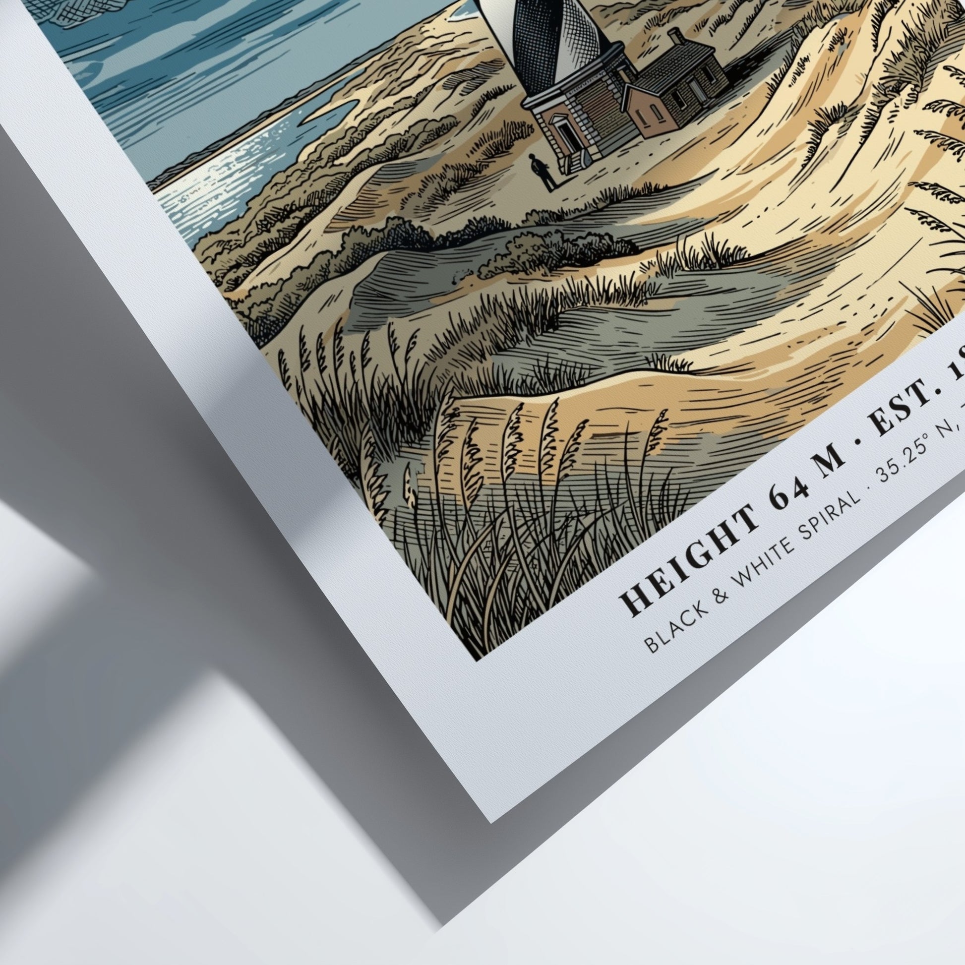 Poster of the Cape Hatteras lighthouse with black and white spirals on dunes.