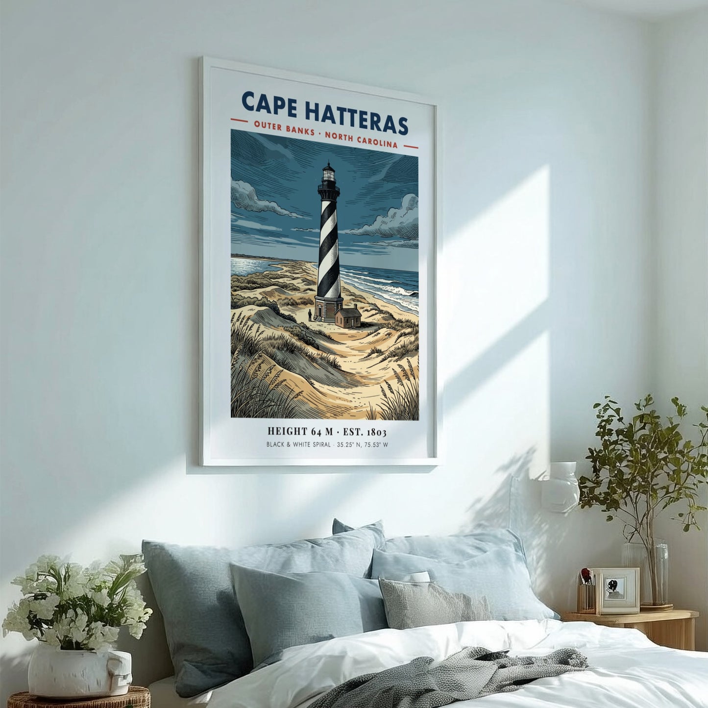 Poster of the Cape Hatteras lighthouse with black and white spirals on dunes.