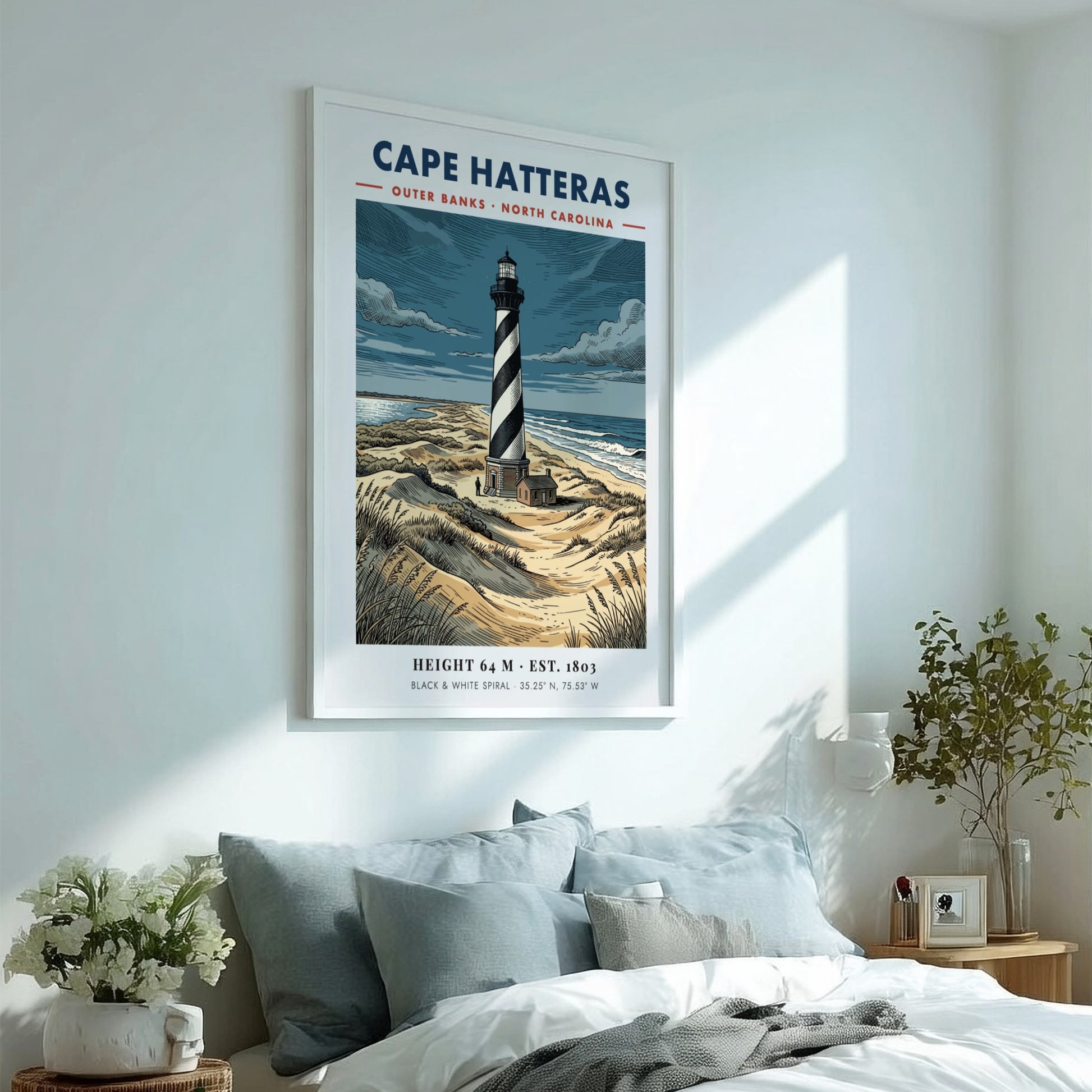 Poster of the Cape Hatteras lighthouse with black and white spirals on dunes.