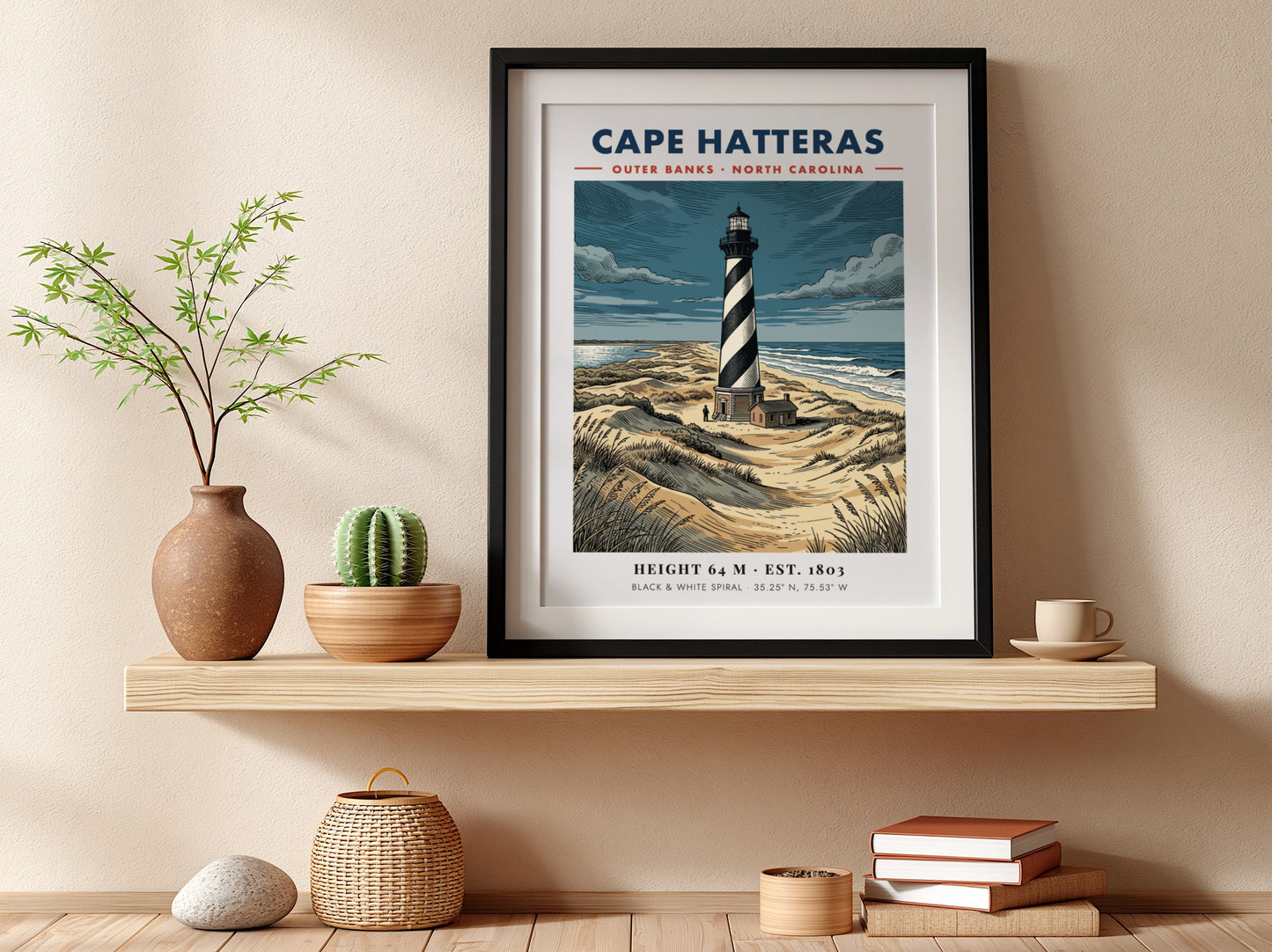 Poster of the Cape Hatteras lighthouse with black and white spirals on dunes.