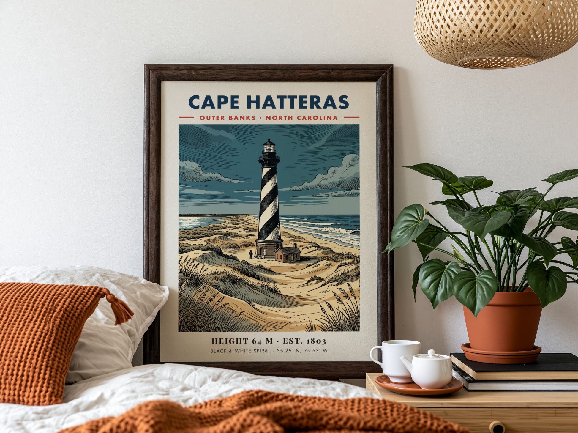 Poster of the Cape Hatteras lighthouse with black and white spirals on dunes.