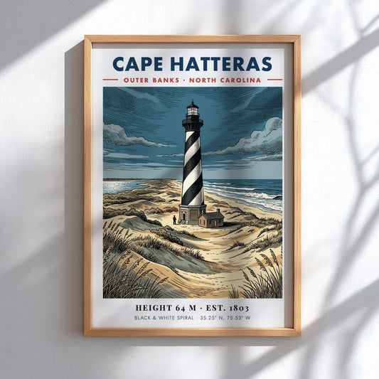 Poster of the Cape Hatteras lighthouse with black and white spirals on dunes.