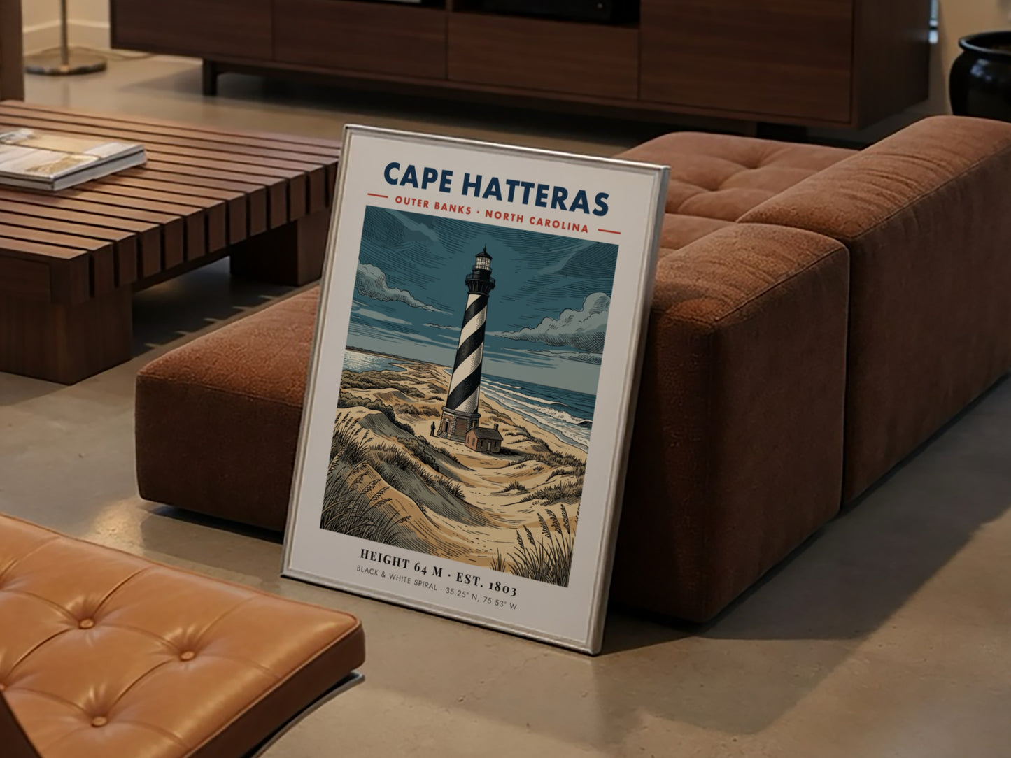 Poster of the Cape Hatteras lighthouse with black and white spirals on dunes.