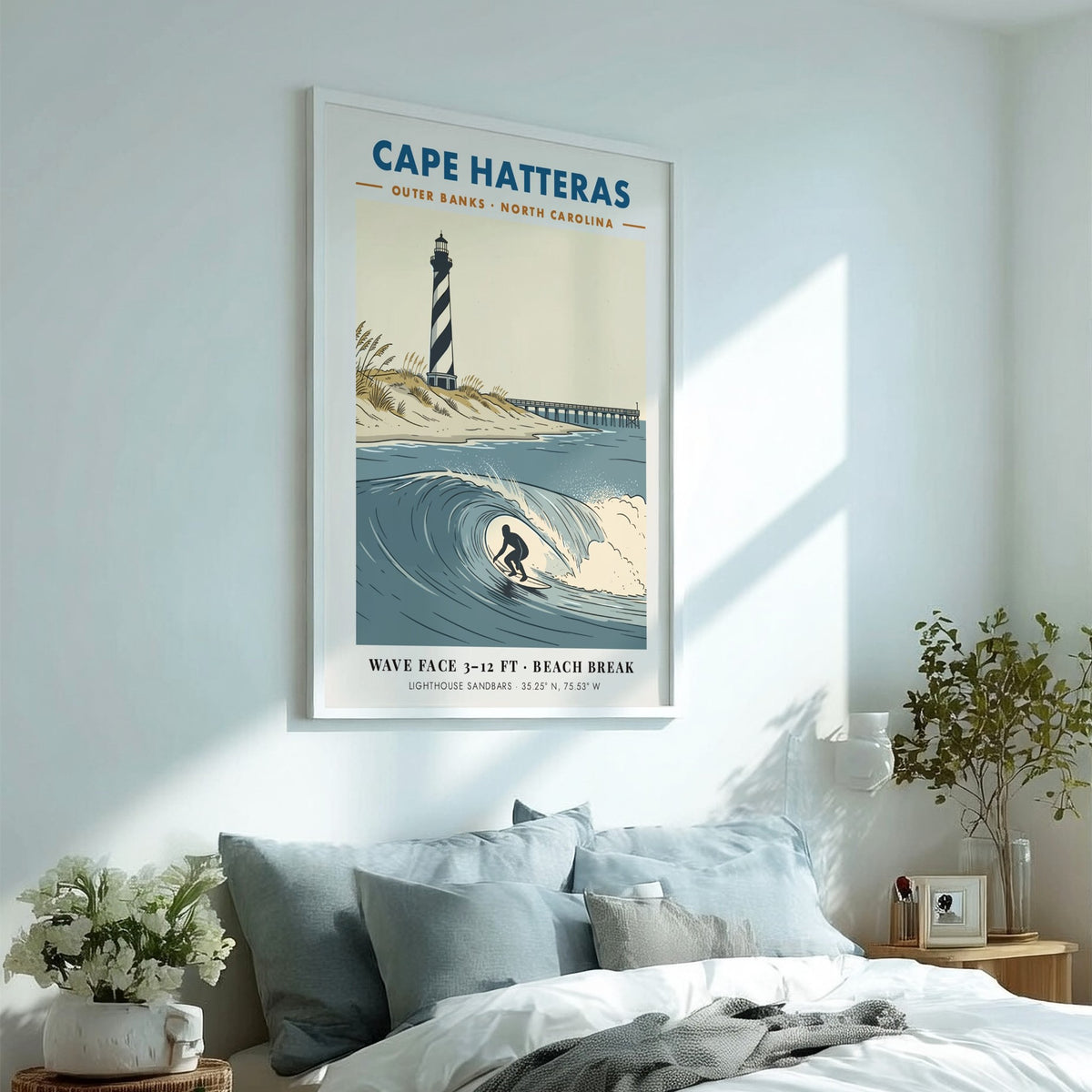 Travel poster of Cape Hatteras lighthouse and a surfer on a blue wave.