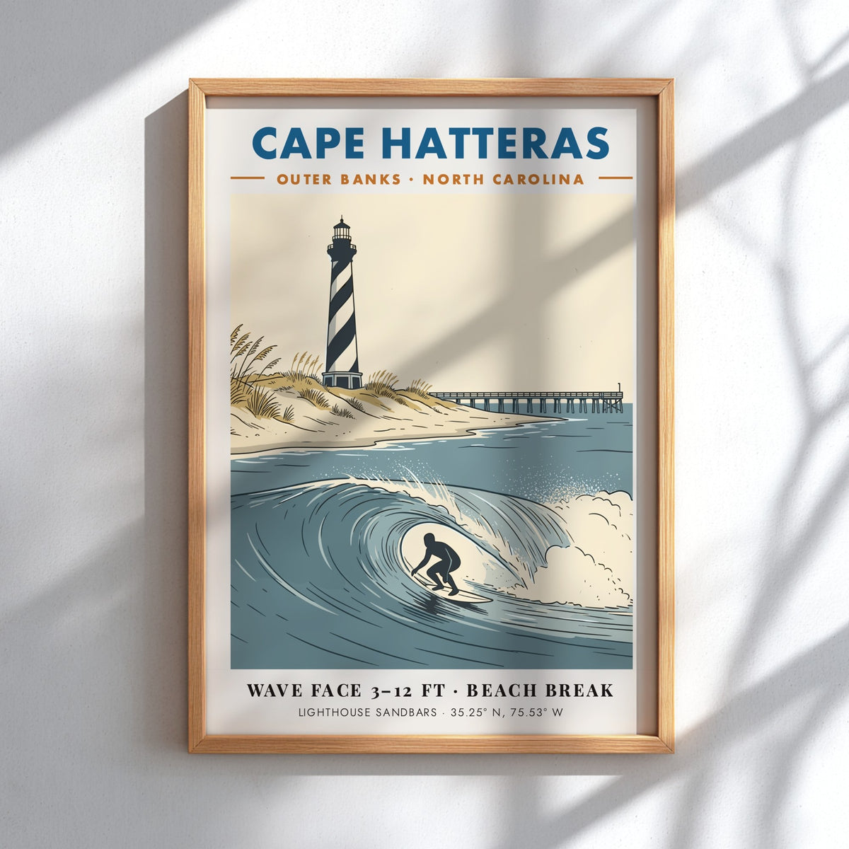 Travel poster of Cape Hatteras lighthouse and a surfer on a blue wave.