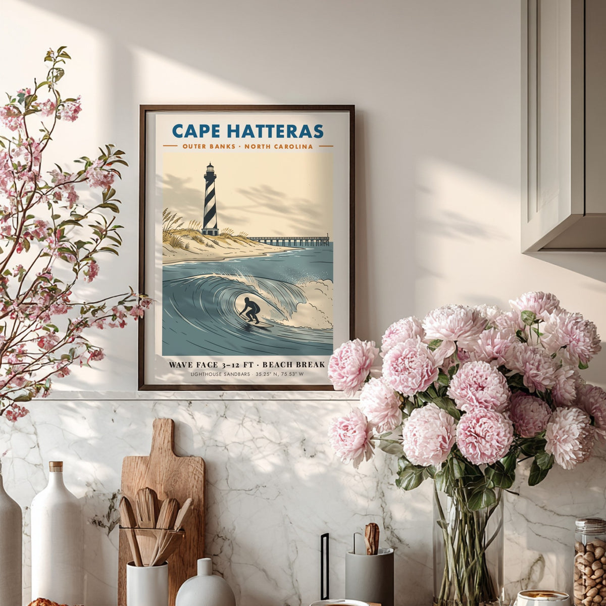 Travel poster of Cape Hatteras lighthouse and a surfer on a blue wave.