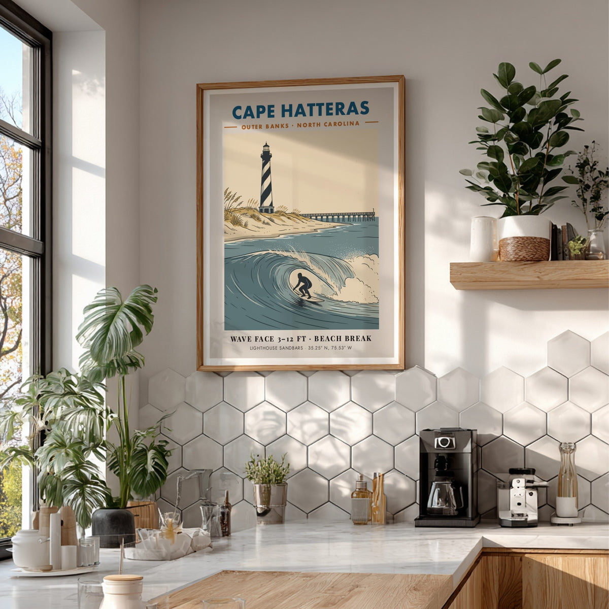 Travel poster of Cape Hatteras lighthouse and a surfer on a blue wave.