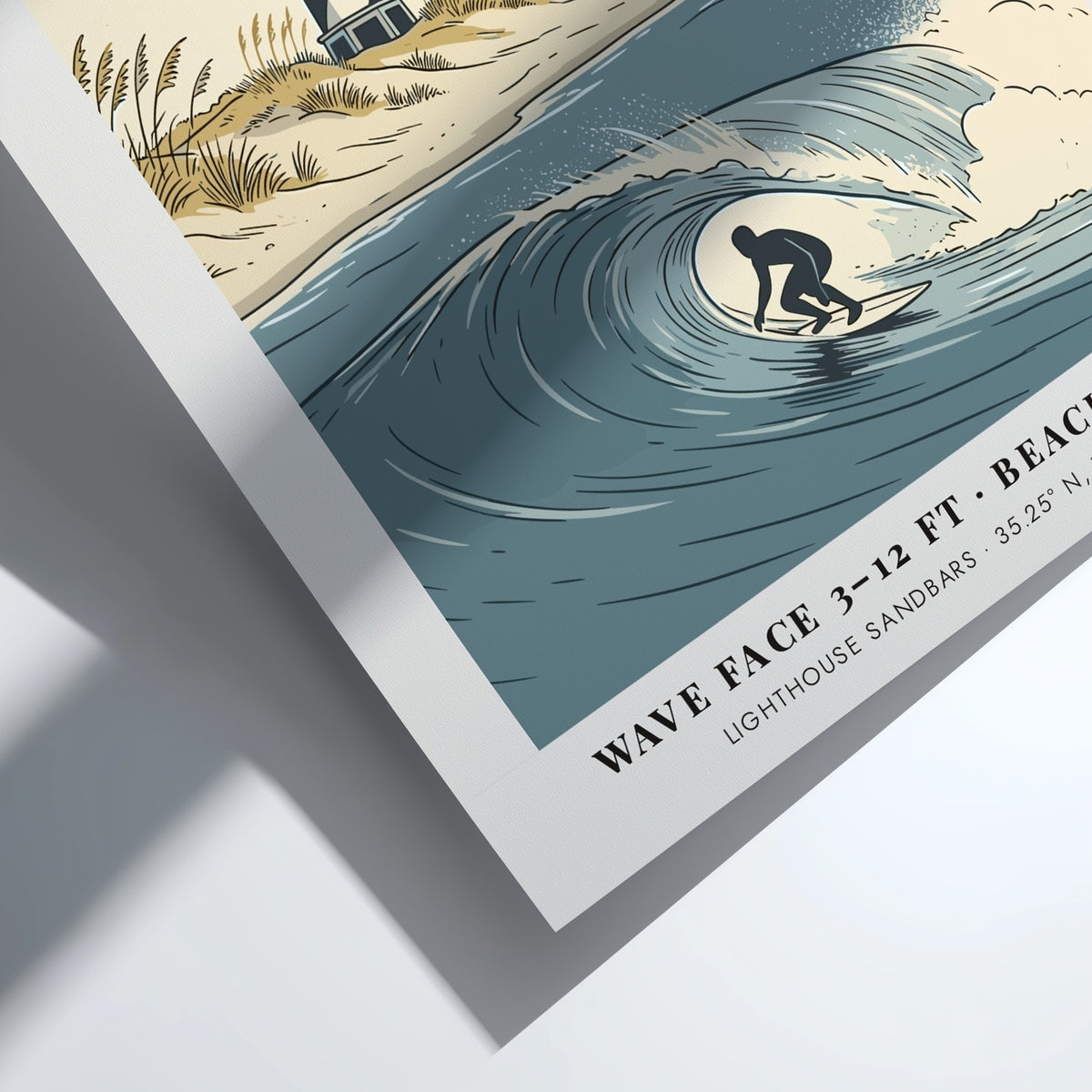 Travel poster of Cape Hatteras lighthouse and a surfer on a blue wave.