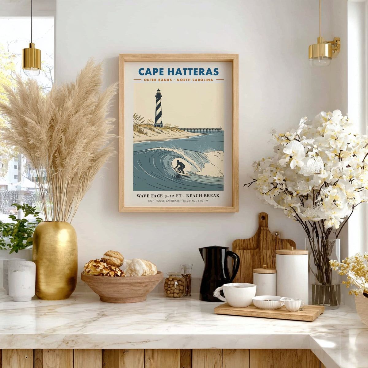 Travel poster of Cape Hatteras lighthouse and a surfer on a blue wave.