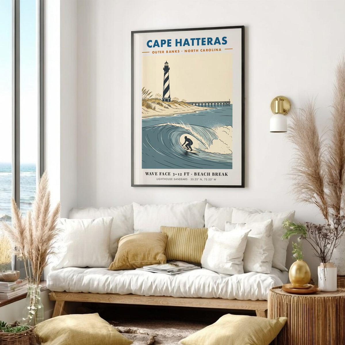 Travel poster of Cape Hatteras lighthouse and a surfer on a blue wave.