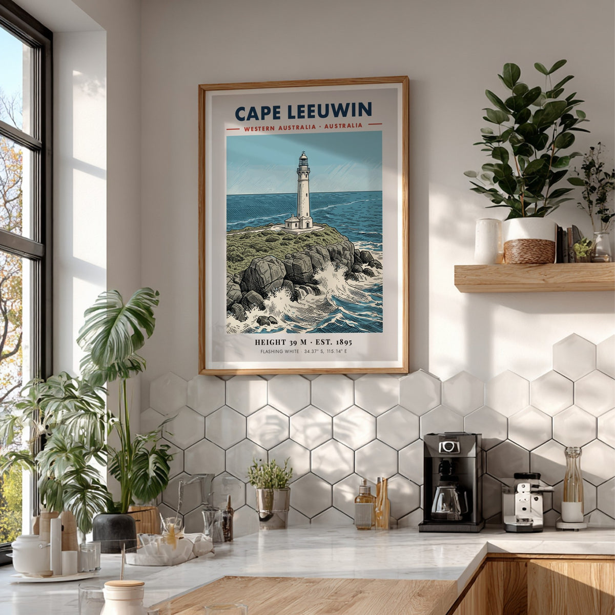 Poster featuring the historic white Cape Leeuwin lighthouse perched on rocky cliffs above blue waves.