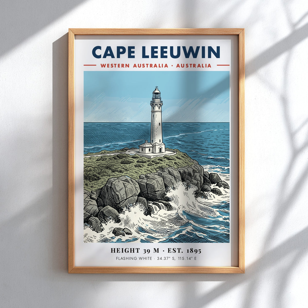 Poster featuring the historic white Cape Leeuwin lighthouse perched on rocky cliffs above blue waves.