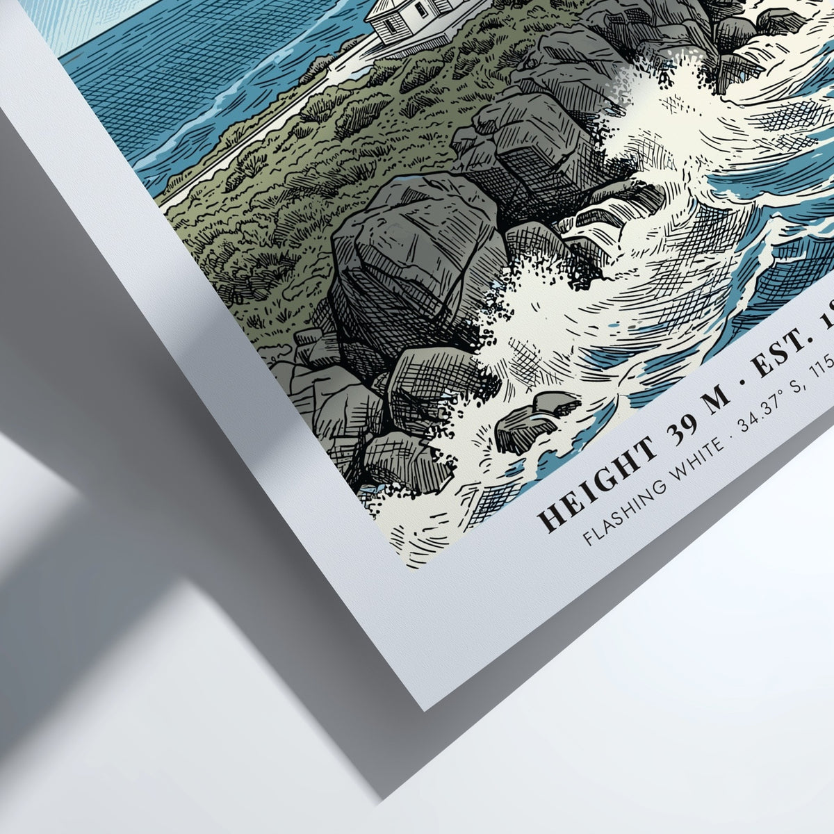 Poster featuring the historic white Cape Leeuwin lighthouse perched on rocky cliffs above blue waves.