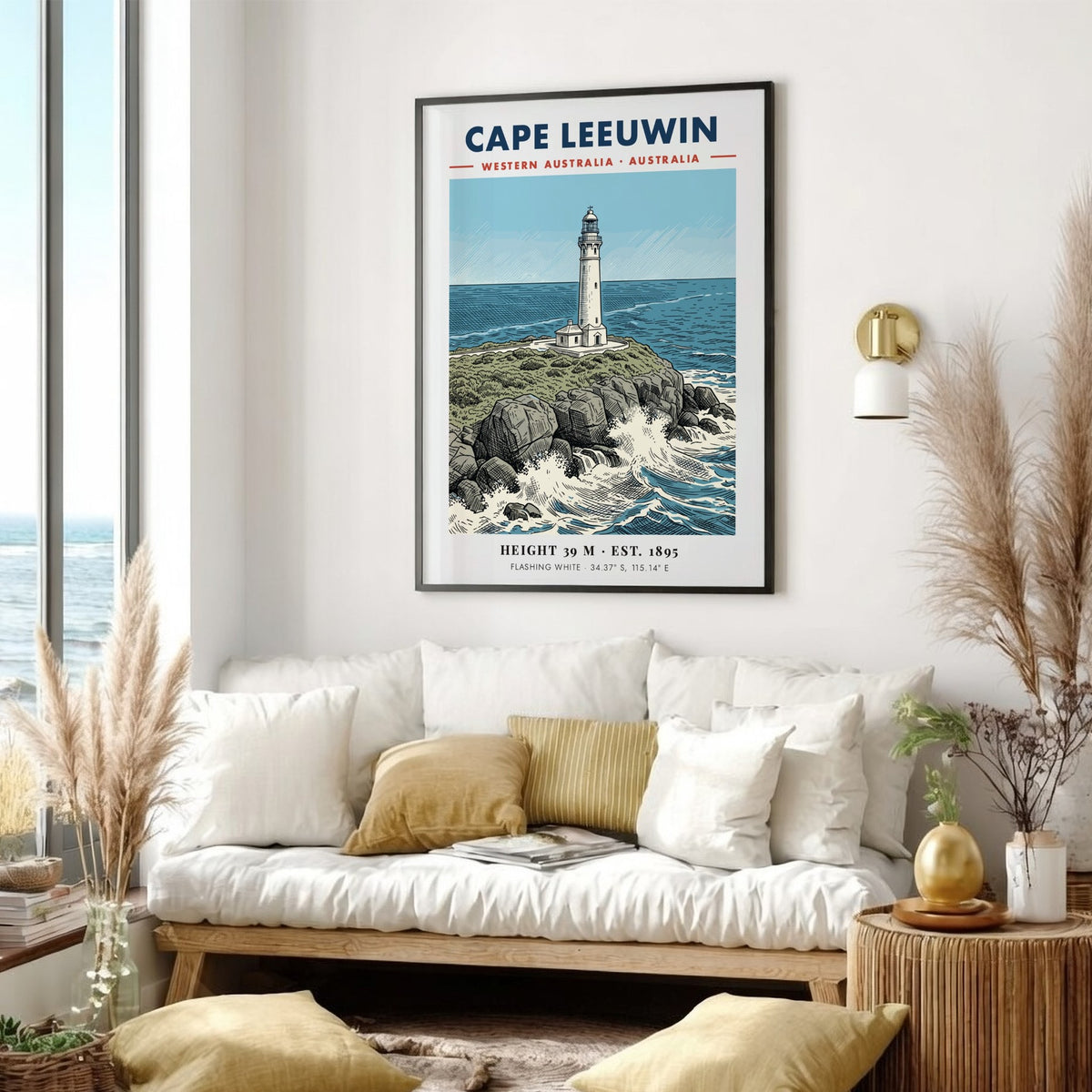 Poster featuring the historic white Cape Leeuwin lighthouse perched on rocky cliffs above blue waves.