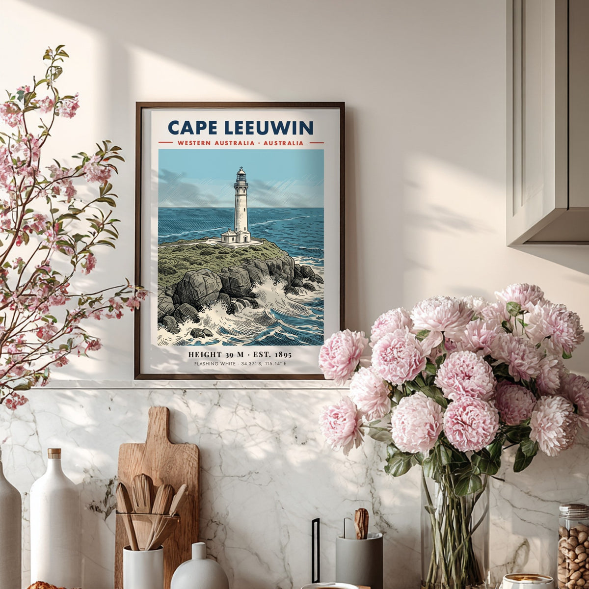 Poster featuring the historic white Cape Leeuwin lighthouse perched on rocky cliffs above blue waves.