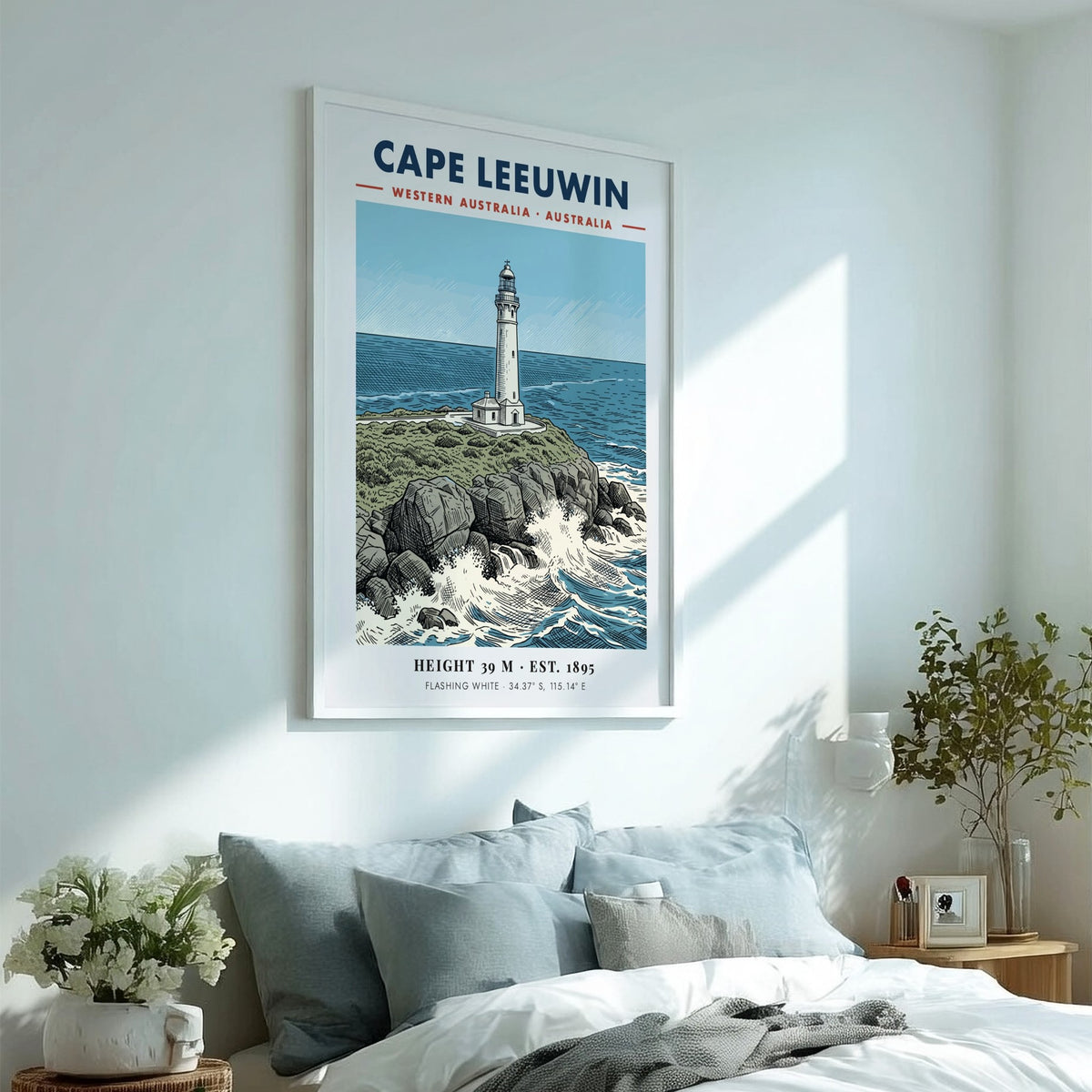 Poster featuring the historic white Cape Leeuwin lighthouse perched on rocky cliffs above blue waves.