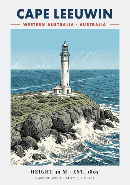 Poster featuring the historic white Cape Leeuwin lighthouse perched on rocky cliffs above blue waves.