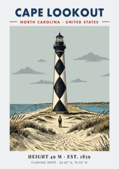 Poster of Cape Lookout lighthouse in North Carolina with its signature black diamond pattern