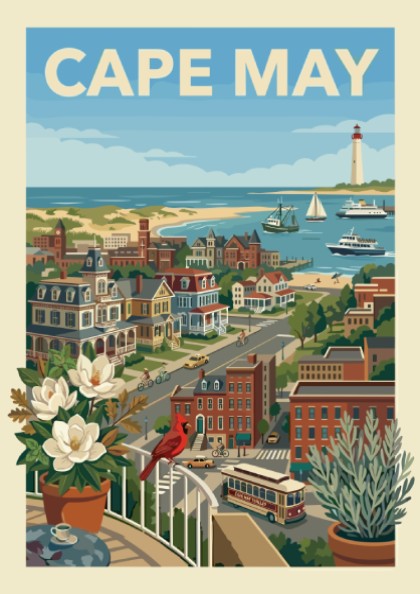 Vintage style illustration of Cape May seaside town with lighthouse, boats, and Victorian houses.