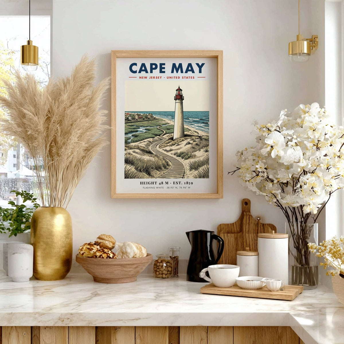 Poster featuring the Cape May lighthouse, grassy dunes, and a boardwalk by the sea.
